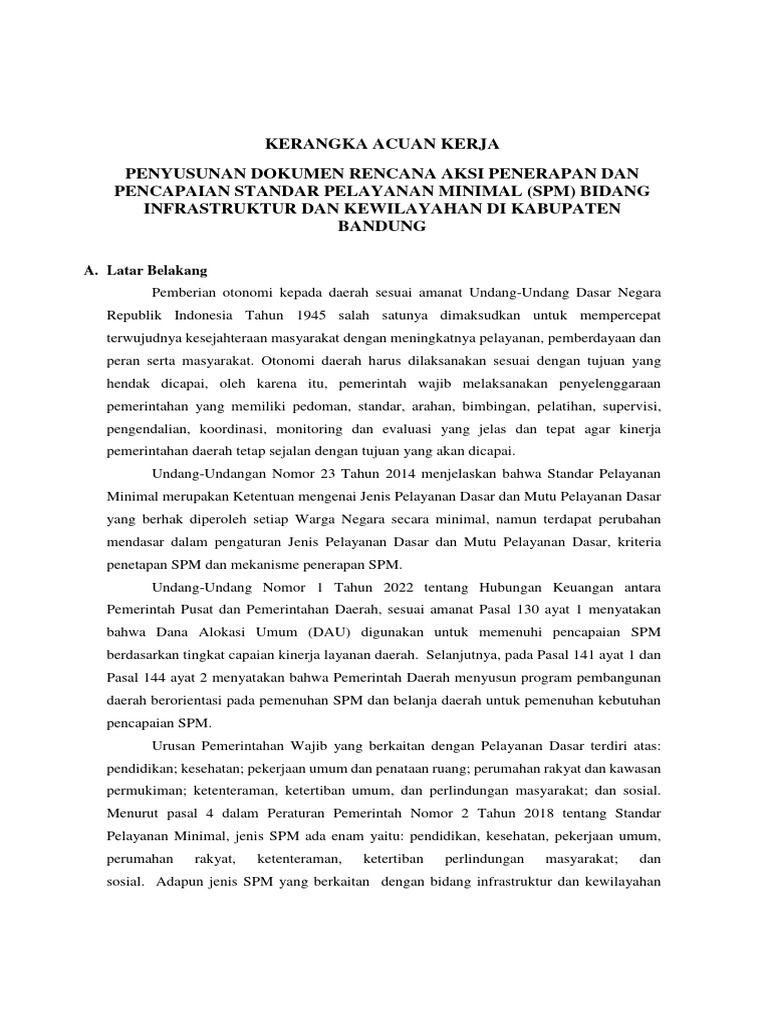 Rencana Aksi SPM Infrastruktur Kabupaten | PDF
