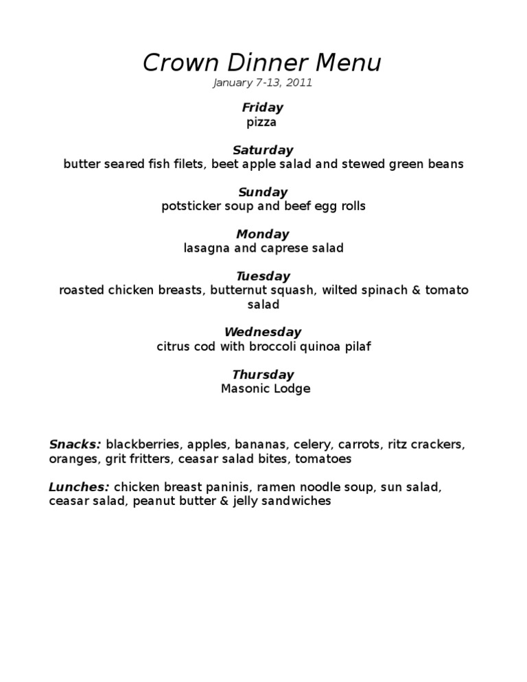 Weekly Crown Dinner Menu 2011 | PDF