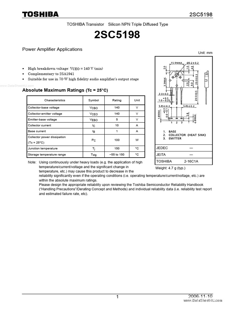 2SC5198 Datasheet | Download Free PDF | Bipolar Junction Transistor ...