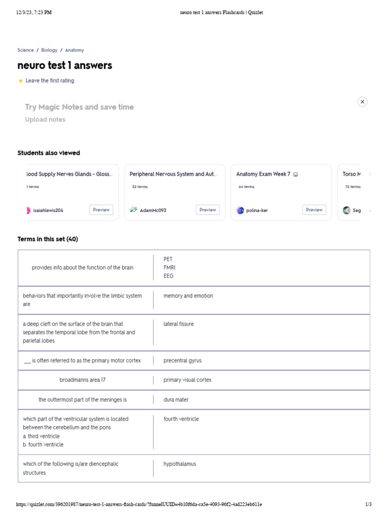 Neuro Test 1 Answers Flashcards - Quizlet | PDF | Thalamus | Cerebral ...