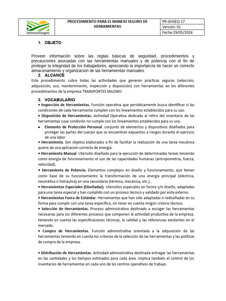 PR-GHSEQ - 17 Procedimiento Manejo Seguro de Herramientas | PDF ...