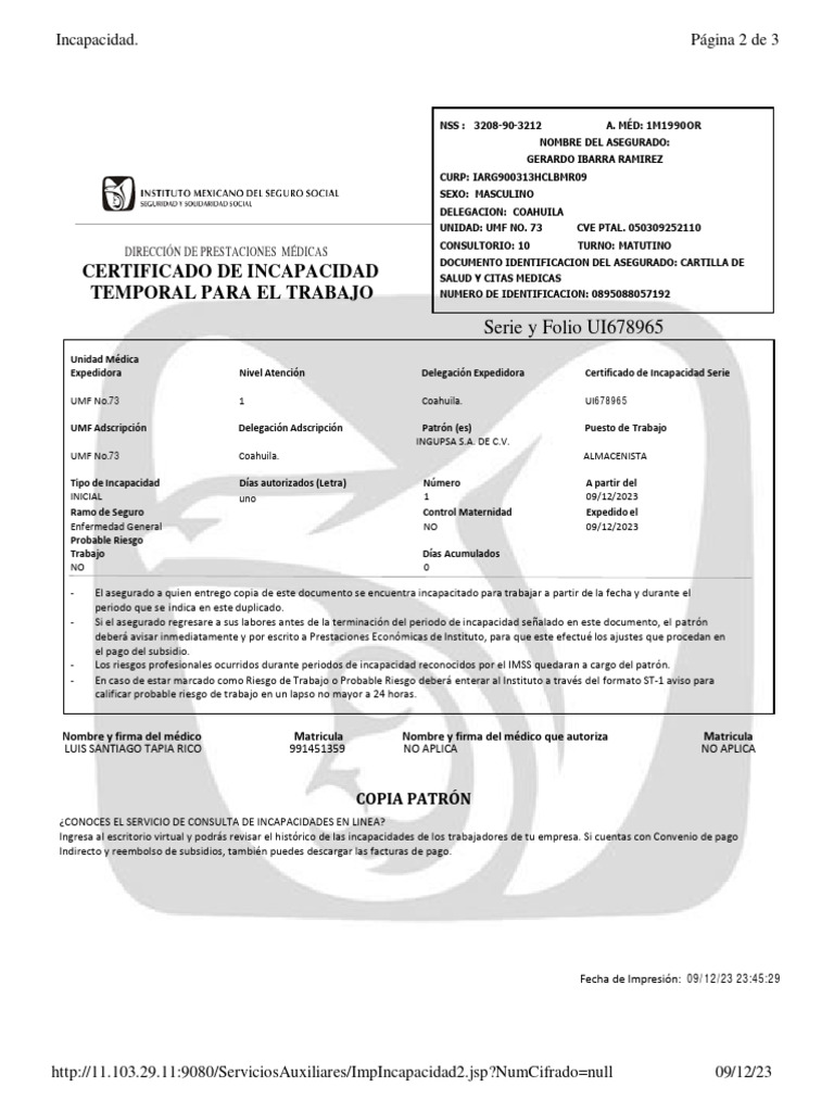 Certificado de Incapacidad Temporal | PDF