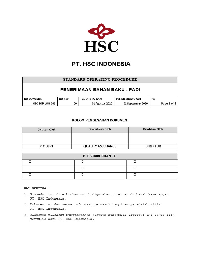 HSC-SOP-LOG-001 - Penerimaan Bahan Baku-Padi - 05jan'22 - Done-1 | PDF