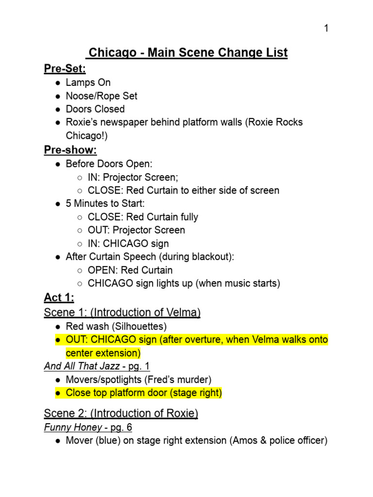 Chicago - Main Scene Change List | PDF | Entertainment | Performing Arts