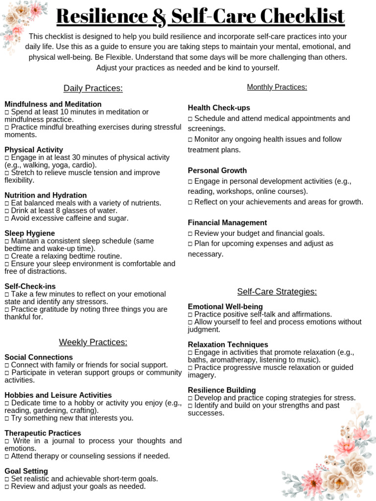 Resilienceself-Care Checklist | PDF | Psychological Resilience ...