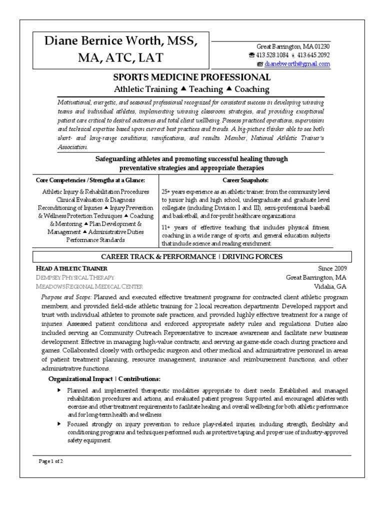 Athletic Trainer Sports Medicine Resume Diane Worth Physical Therapy