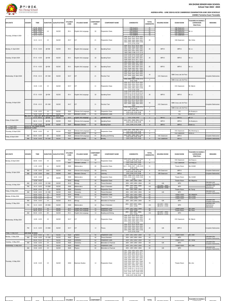 IGCSE Exam Schedule 2024 - Xin Zhong | PDF | Student Assessment And ...