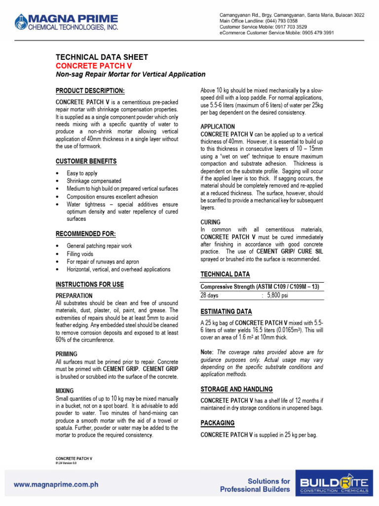 Tds Concrete Patch V - Ver 1.0 Jan24 | PDF | Concrete | Cement