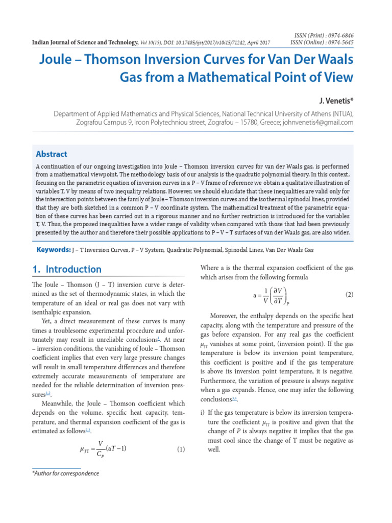 Joule-Thomson Inversion Curves Analysis | PDF | Gases | Equations
