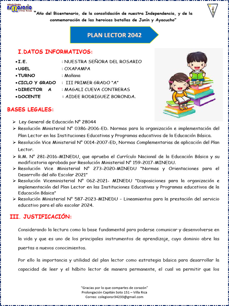 Plan Lector para Primer Grado | PDF | Comprensión lectora | Maestros