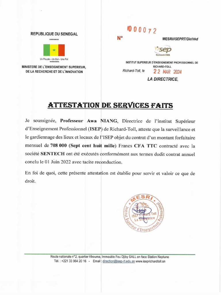 Attestation de Services Faits SENTECH Gardiennage | PDF
