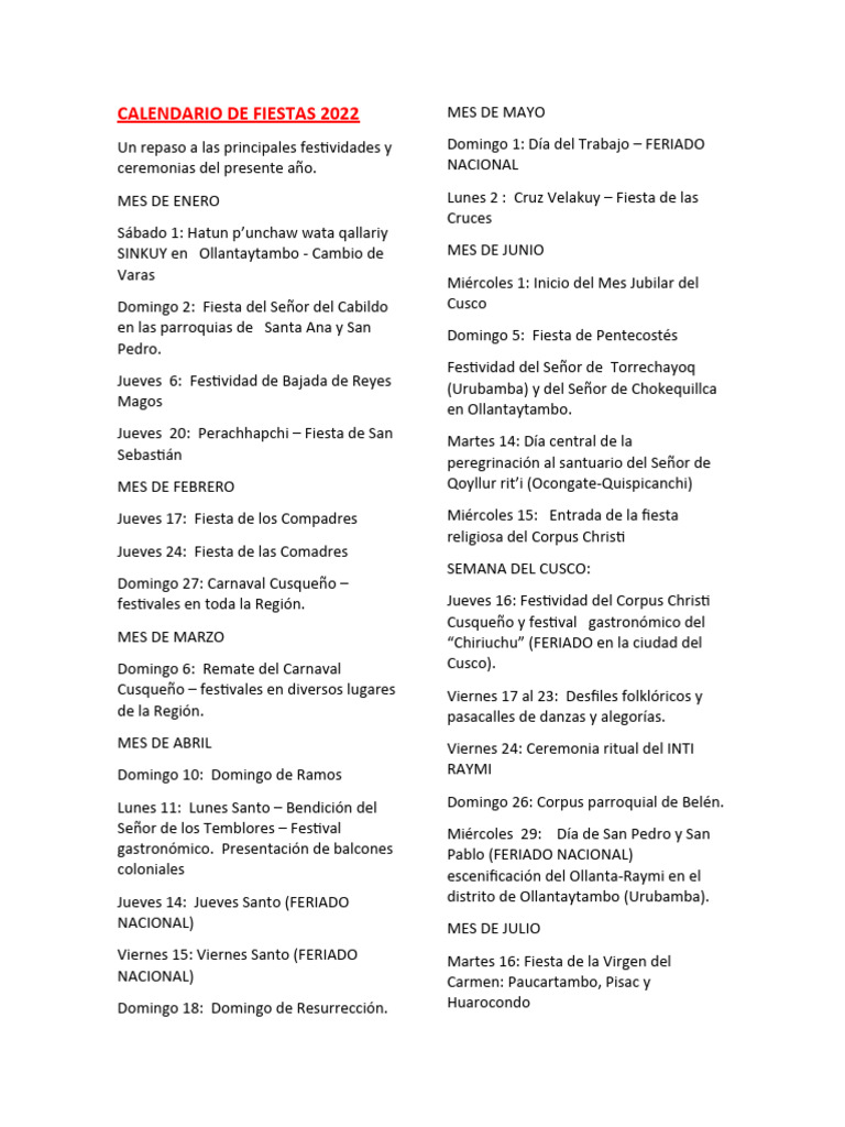 Calendario de Fiestas 2022 | PDF | Carnaval | Fiestas cristianas y días ...