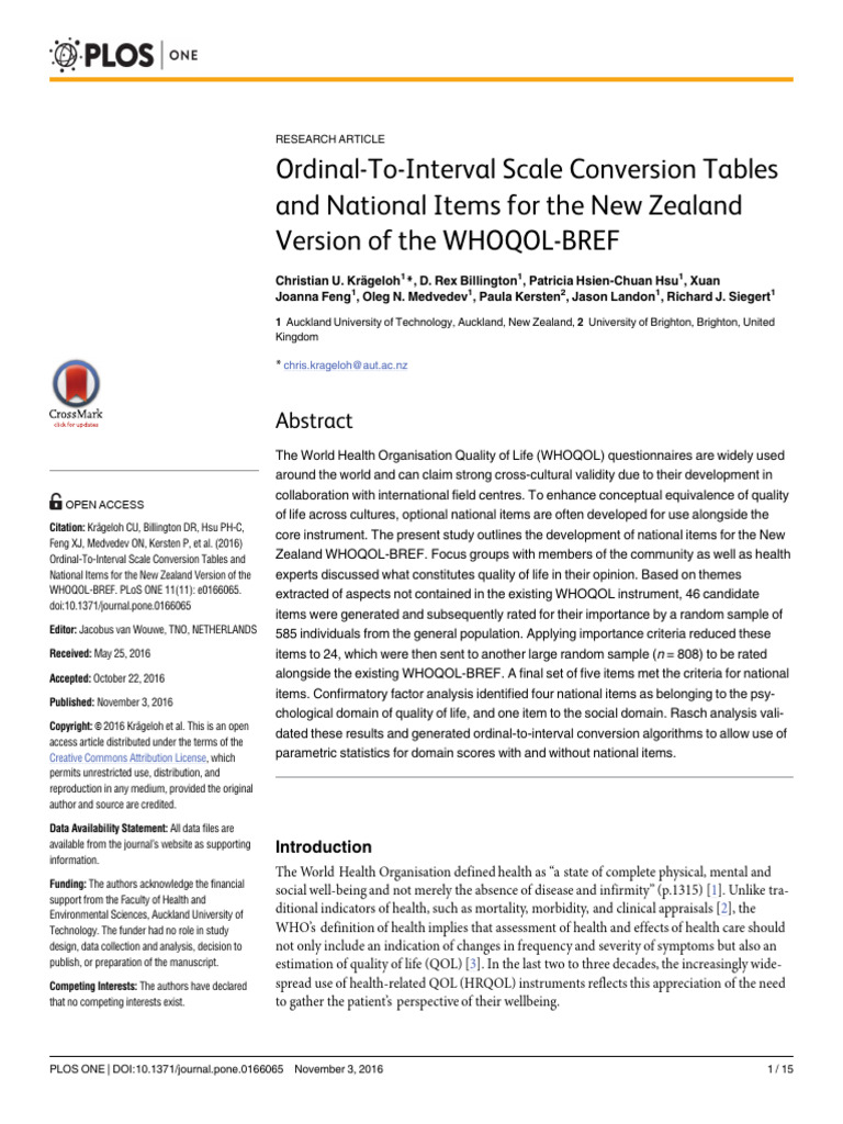 NZ WHOQOL-BREF Scale Conversion Guide | PDF | Likert Scale | Statistics