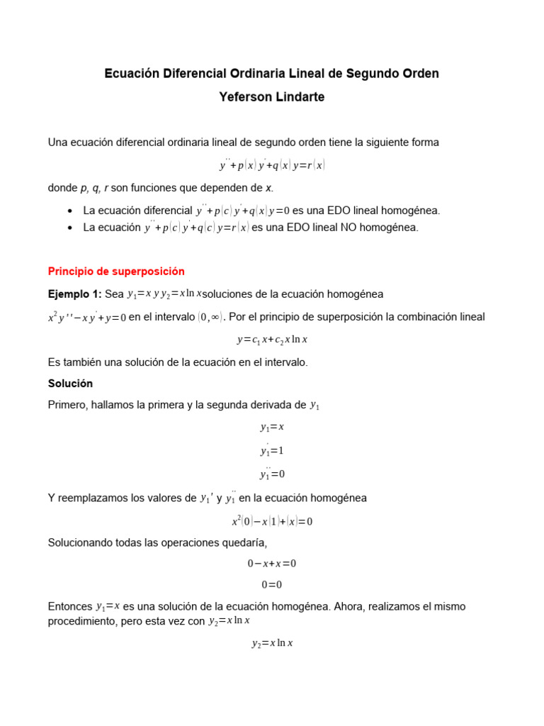 Ecuación Diferencial Ordinaria Lineal de Segundo Orden | PDF ...