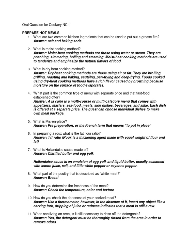 Oral Question For Cookery NC II | PDF | Cooking | Salad