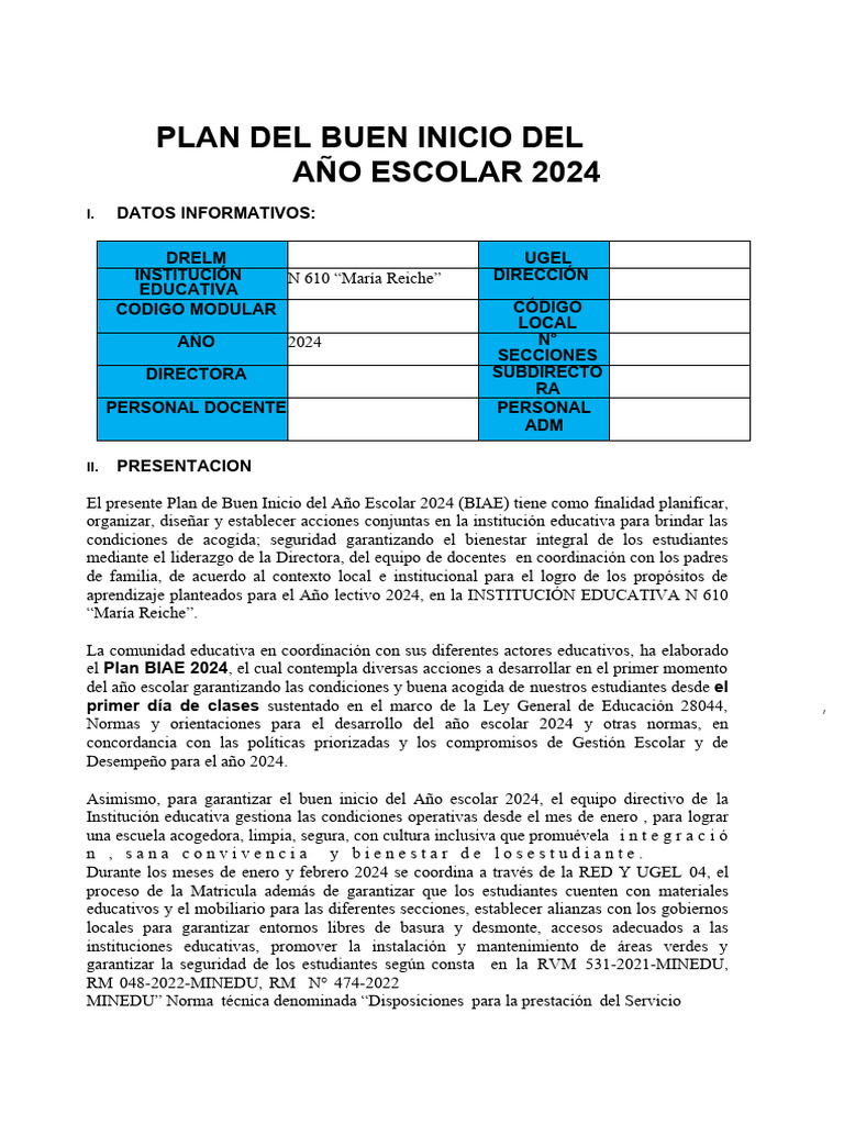 Plan de Buen Inicio Escolar 2024 | PDF | Educación primaria | Escuelas