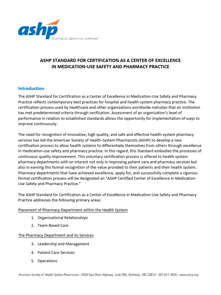ASHP Certification for Pharmacy Excellence | PDF | Pharmacy | Pharmacist