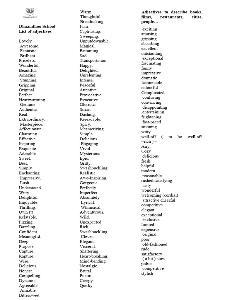 Adjectives to use pdf