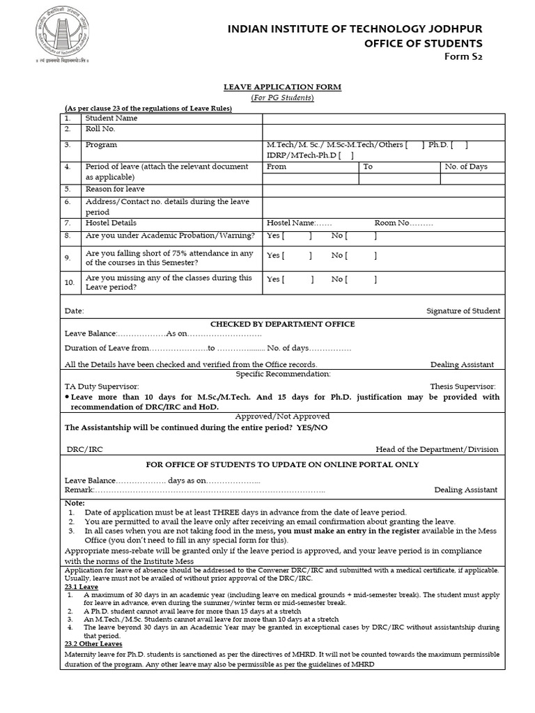PG Leave Application Form Guidelines | PDF