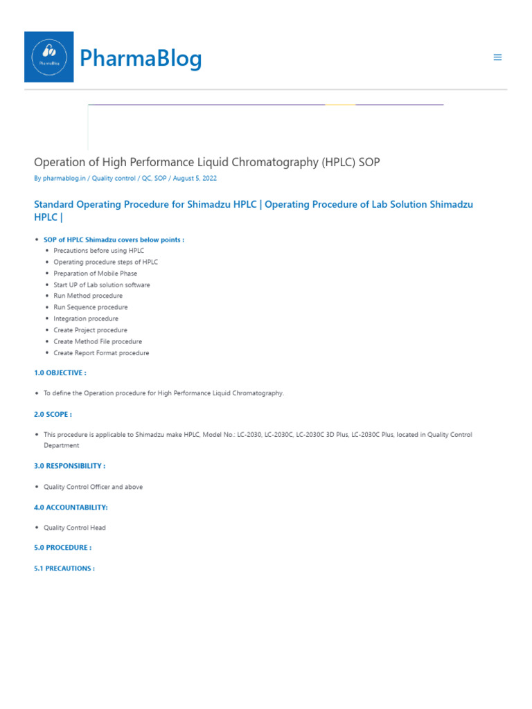Operation of High Performance Liquid Chromatography (HPLC) SOP