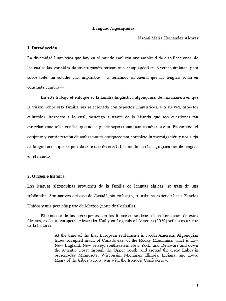 Lenguas Algonquinas Ensayo PDF Pueblos indígenas de los bosques