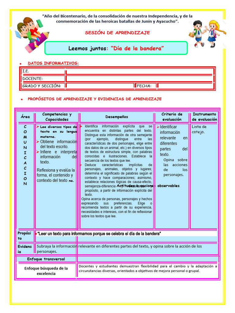 Sesion Leemos Juntos Dia de La Bandera. | PDF | Evaluación | Aprendizaje
