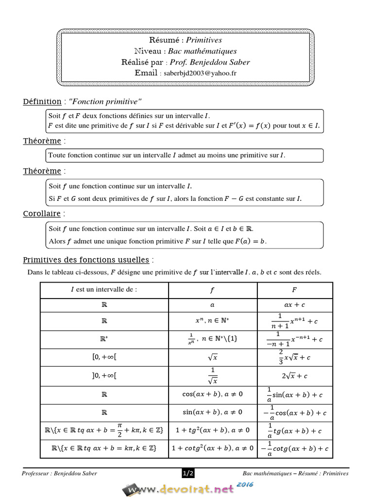Résumé des Primitives en Mathématiques | PDF | Intervalle ...