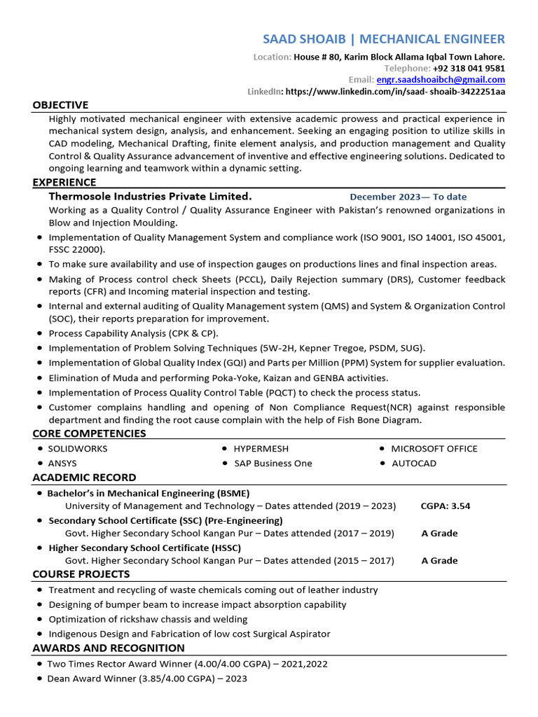 Mechanical Engineer Saad Shoaib Profile | PDF | Mechanical Engineering ...