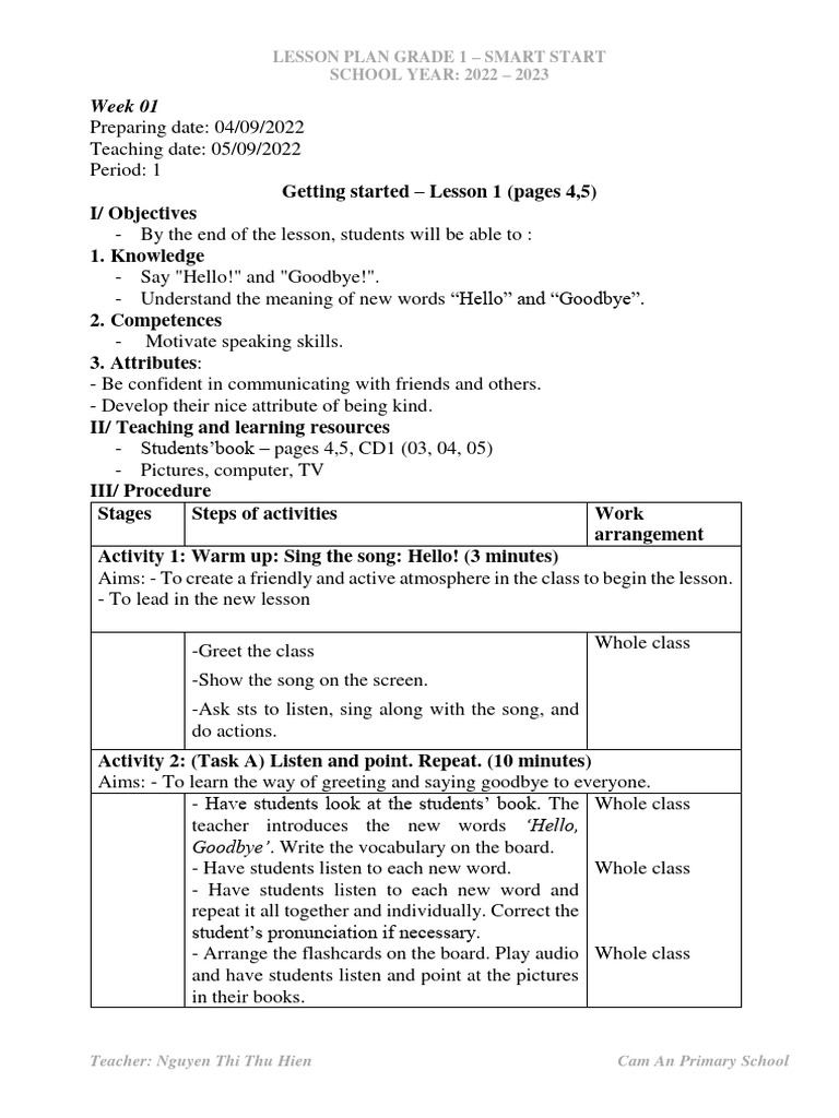 Lesson Plan - Grade 1 - Smart start | Download Free PDF | Lesson Plan ...