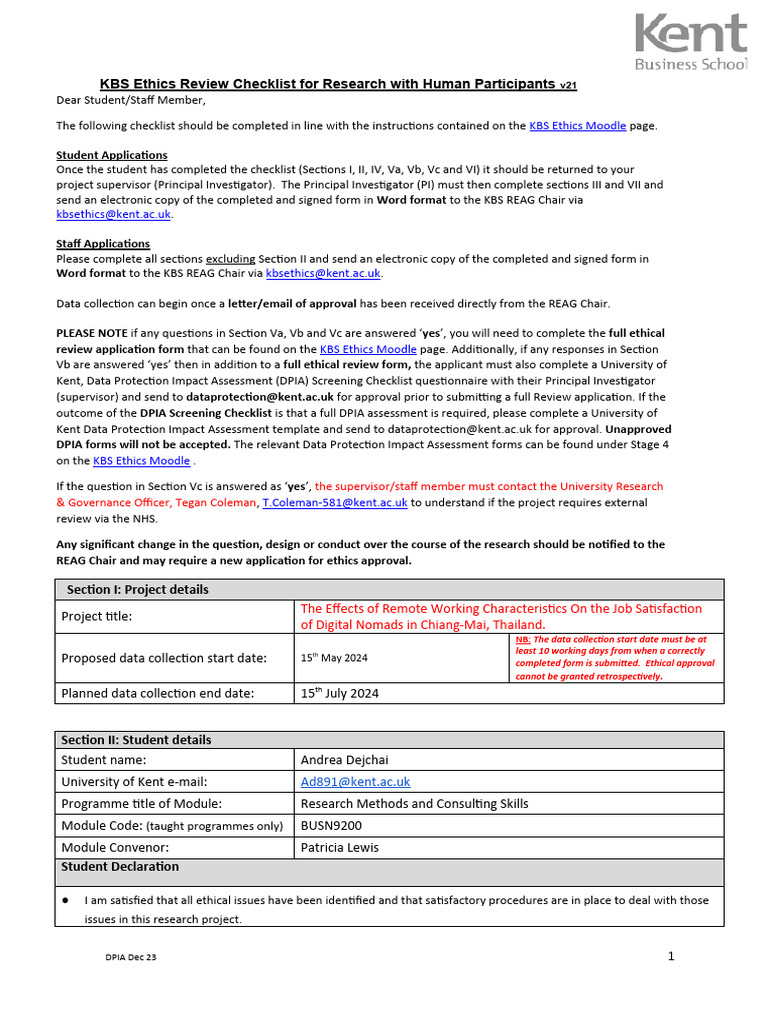 KBS Ethics Checklist for Human Research | PDF | Risk | Informed Consent
