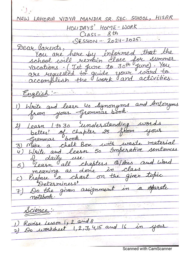 8th holiday homework 2024 pdf