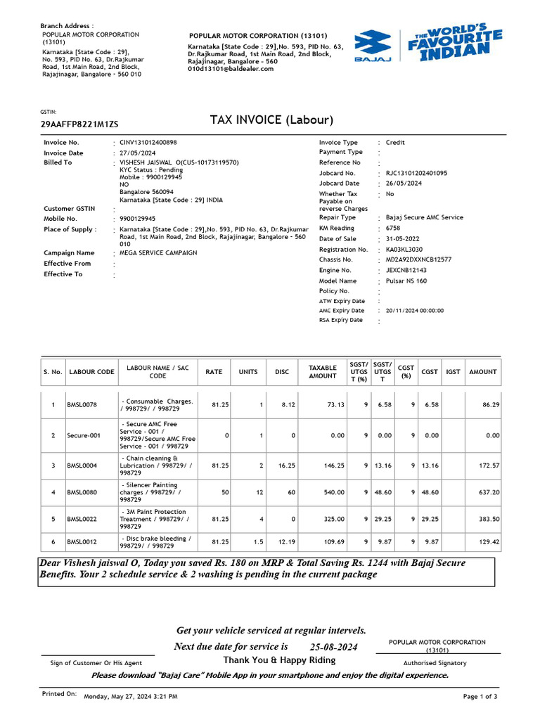TAX INVOICE (Labour) : 29AAFFP8221M1ZS | PDF | Invoice | Taxes