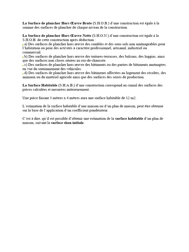 Calcul des Surfaces SHON et SHAB | PDF