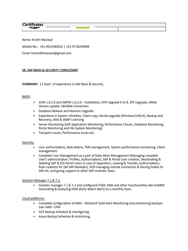 SAP BASIS & Security Consultant Profile | PDF | Operating System ...