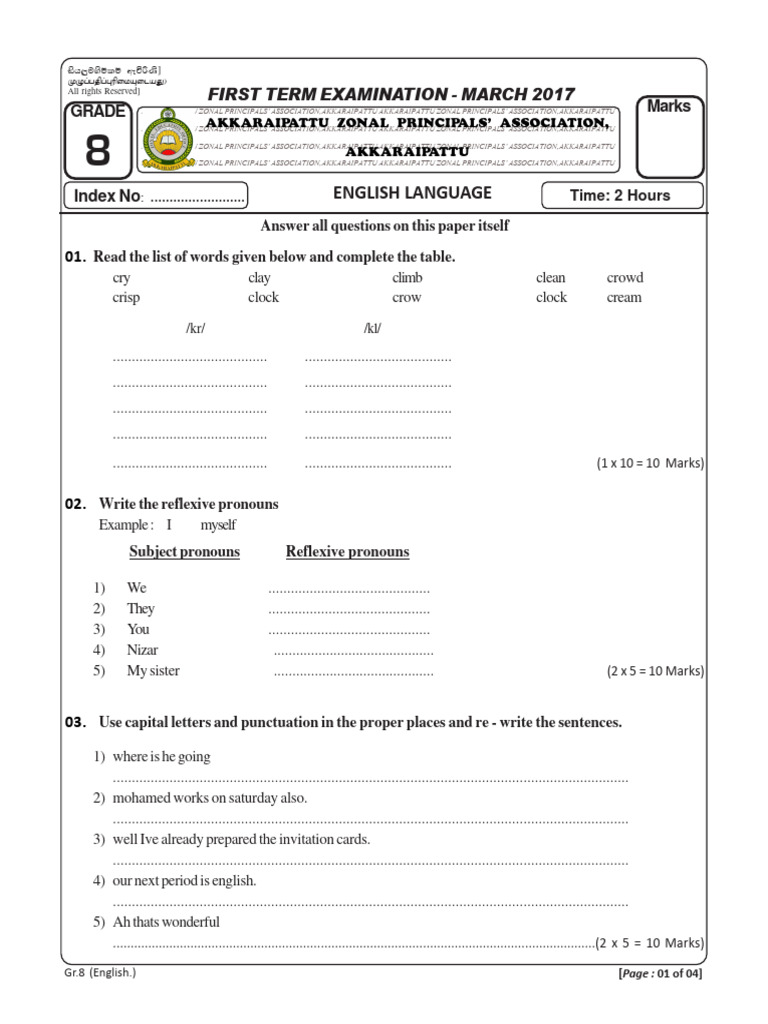 Grade 8 English Exam Paper | PDF | Sri Lanka | Grammar