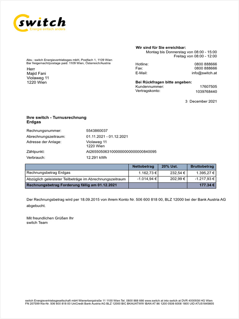 Austria Switch Utility Bill Template | PDF