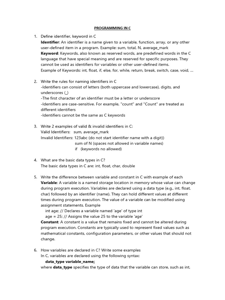 PROGRAMMING IN C Part1 | PDF | Reserved Word | Boolean Data Type