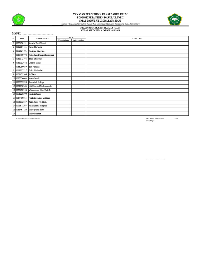 Format Nilai SMA | PDF