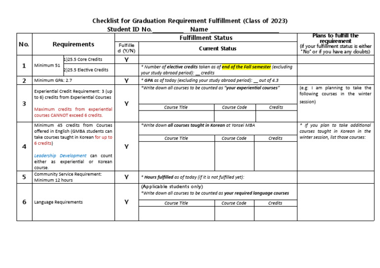 Checklist for Graduation Requirement Fulfillment (Your Name_2021427XXX ...