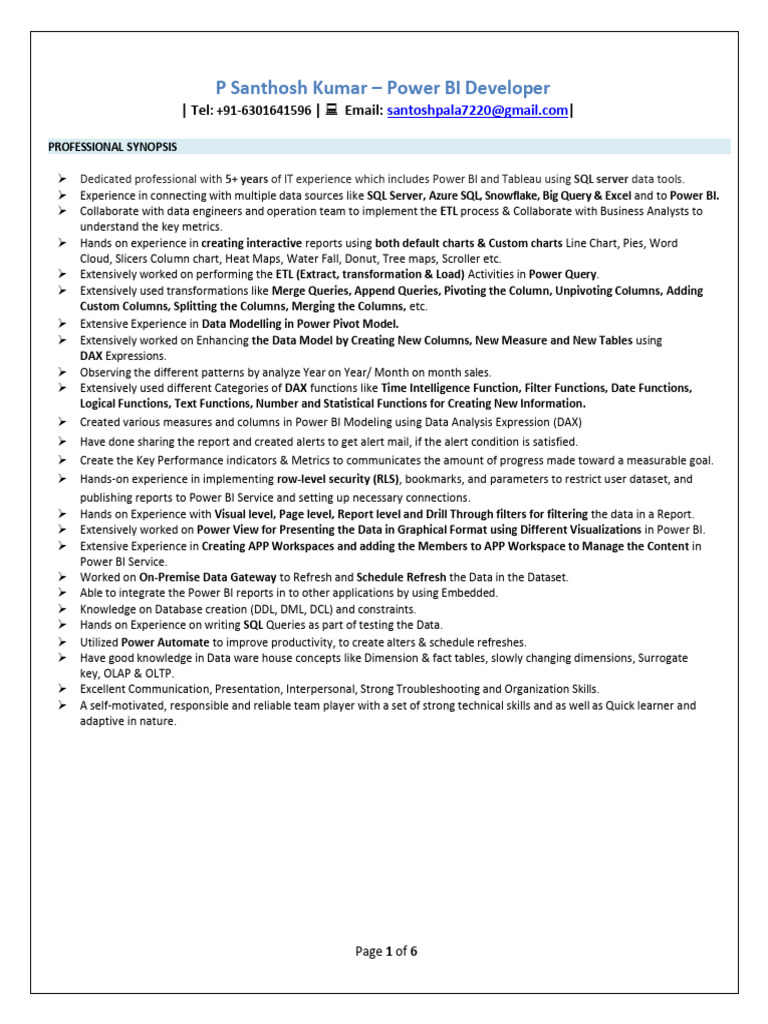 Power BI Developer Resume Summary | PDF | Microsoft Sql Server | Sql