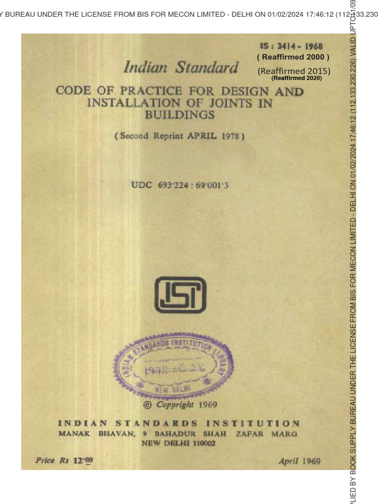 IS 3414:1968 Code for Building Joints | PDF | Sheet Metal | Concrete