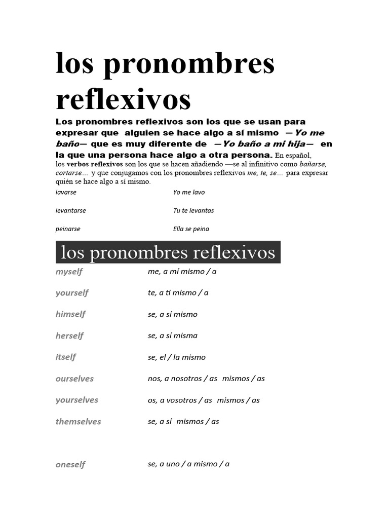 Pronombres reflexivos en inglés y español | PDF | Adverbio | Morfología ...