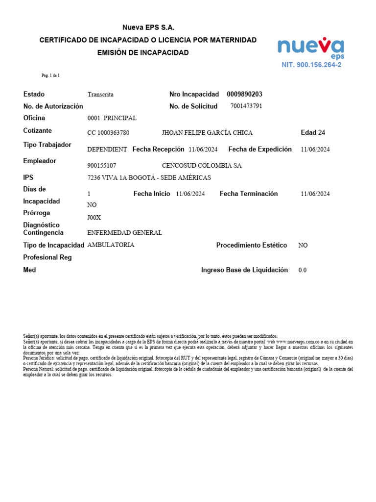 Certificado de Incapacidad Nueva EPS | PDF