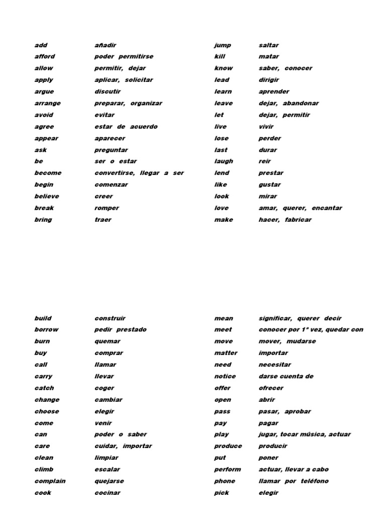 Lista de verbos en inglés y español | PDF