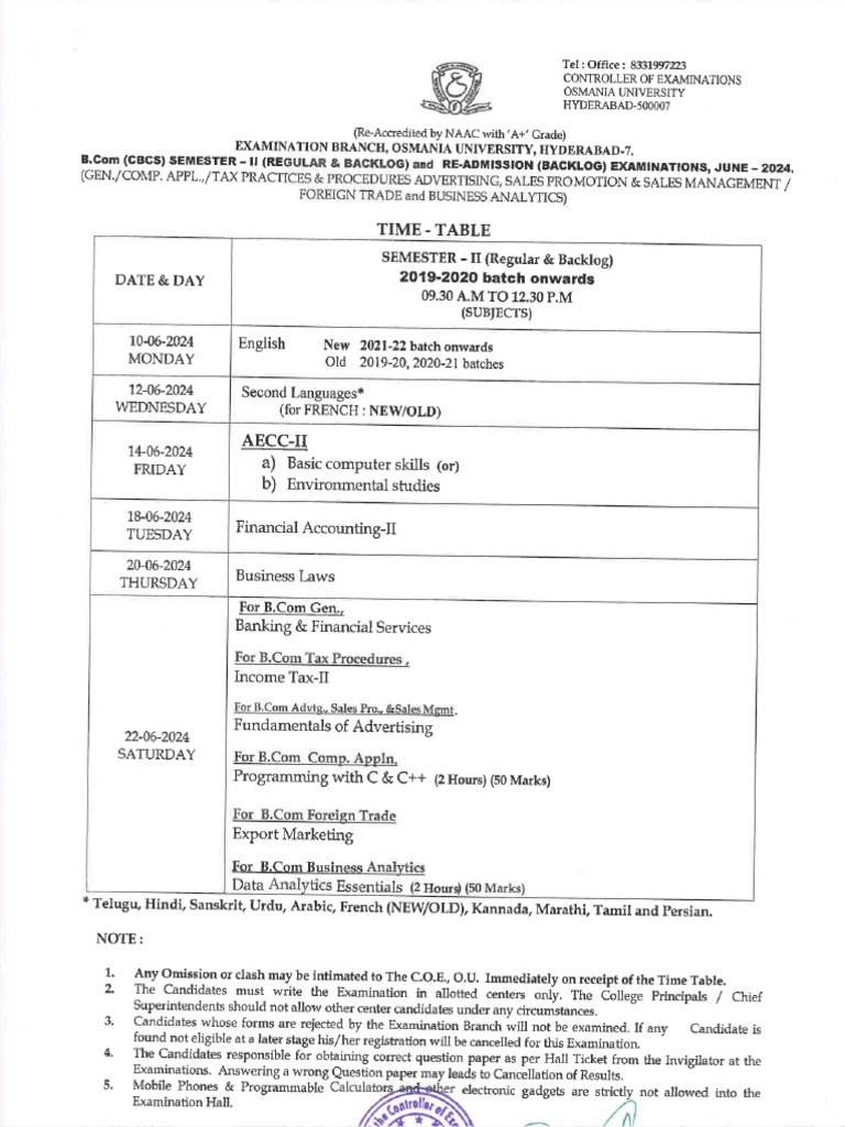 Bcom Time Table-2024 | PDF