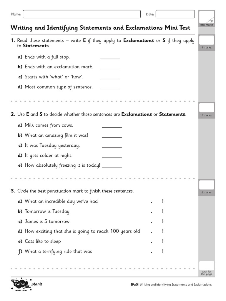 Statements vs. Exclamations Test | PDF | Punctuation | Notation