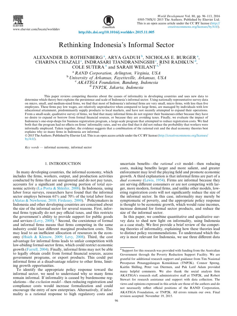 Rethinking Indonesia S Informal Sector 2016 Pdf Economies