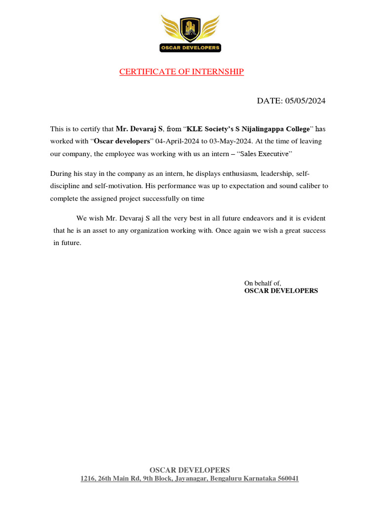 Certificate of Internship for Sales Executive | PDF