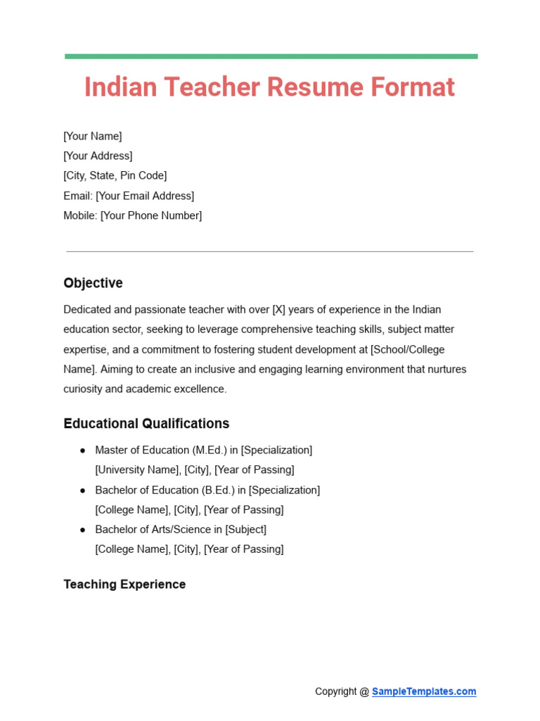 indian teacher resume format pdf download free download in english