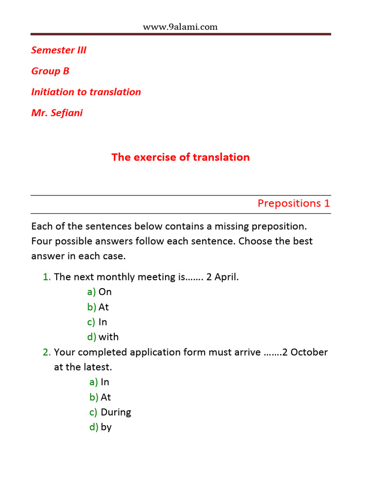 Preposition Exercises for Translation | PDF